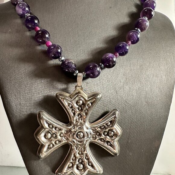 Maltese Cross Sterling Silver Genuine Ruby Tahitian Pearls Amethyst Necklace 925 - Picture 1 of 10